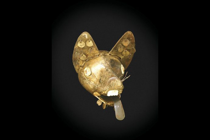 Cabeza de zorro de cobre dorado, laminado y ensamblado. Cultura Vicús.